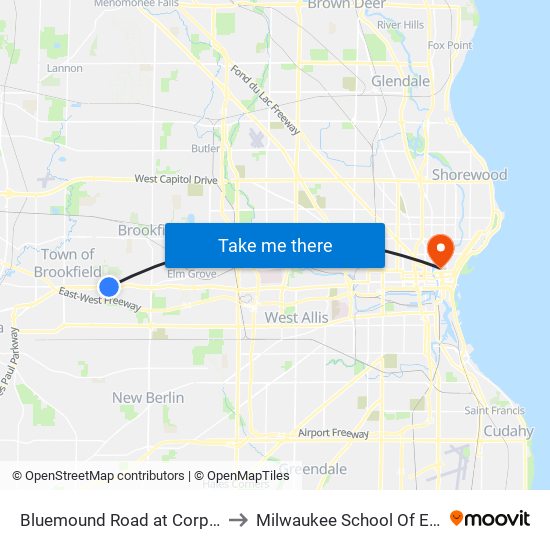 Bluemound Road at Corporate Drive to Milwaukee School Of Engineering map