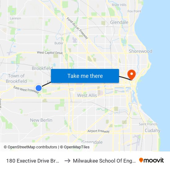 180 Exective Drive Brookfield to Milwaukee School Of Engineering map