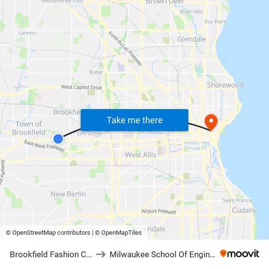 Brookfield Fashion Center to Milwaukee School Of Engineering map