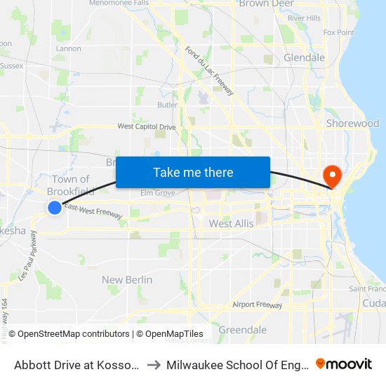Abbott Drive at Kossow Road to Milwaukee School Of Engineering map