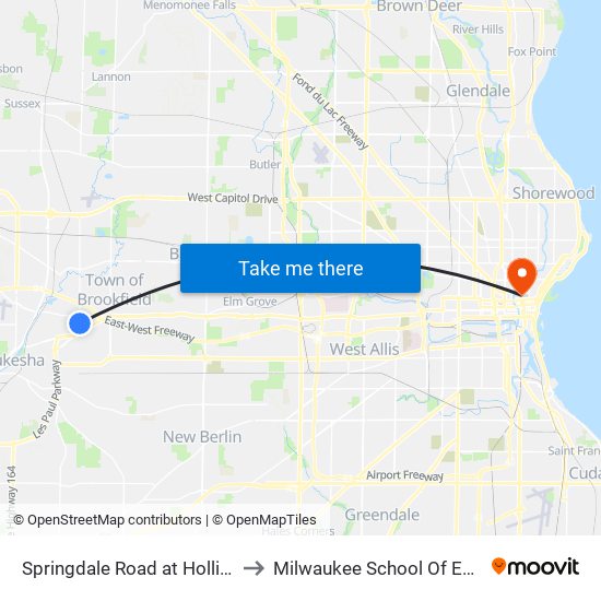 Springdale Road at Hollidale Drive to Milwaukee School Of Engineering map