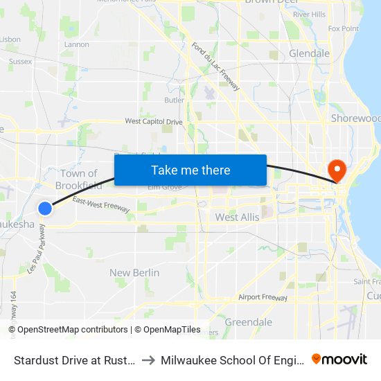 Stardust Drive at Rustic Way to Milwaukee School Of Engineering map