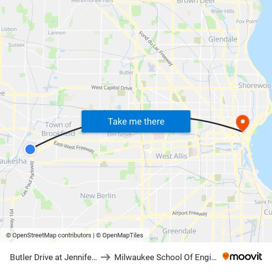 Butler Drive at Jennifer Lane to Milwaukee School Of Engineering map