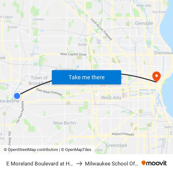 E Moreland Boulevard at Highland Avenue to Milwaukee School Of Engineering map