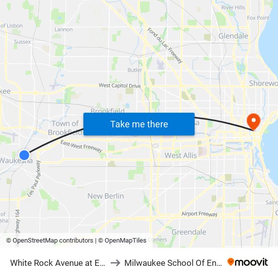 White Rock Avenue at Elm Street to Milwaukee School Of Engineering map