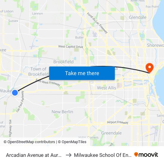 Arcadian Avenue at Aurora Street to Milwaukee School Of Engineering map