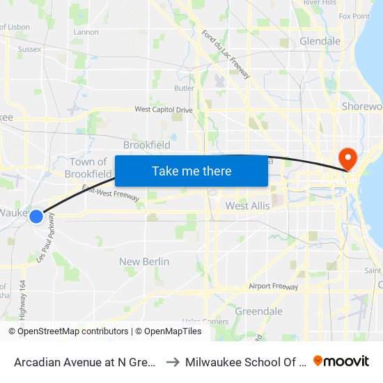 Arcadian Avenue at N Greenfield Avenue to Milwaukee School Of Engineering map