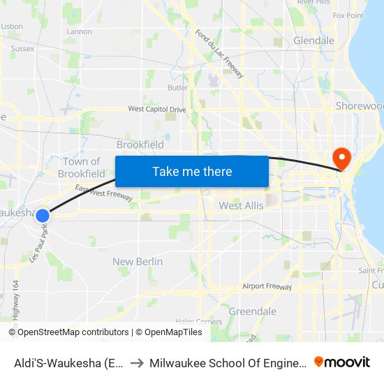 Aldi'S-Waukesha (East) to Milwaukee School Of Engineering map