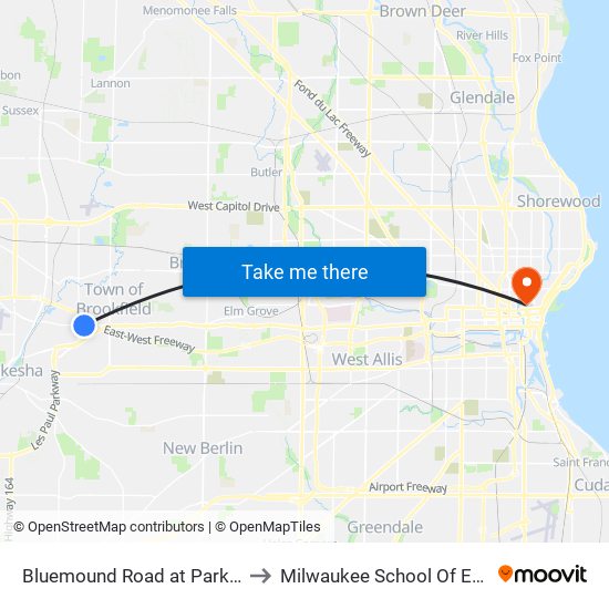 Bluemound Road at Parklawn Road to Milwaukee School Of Engineering map