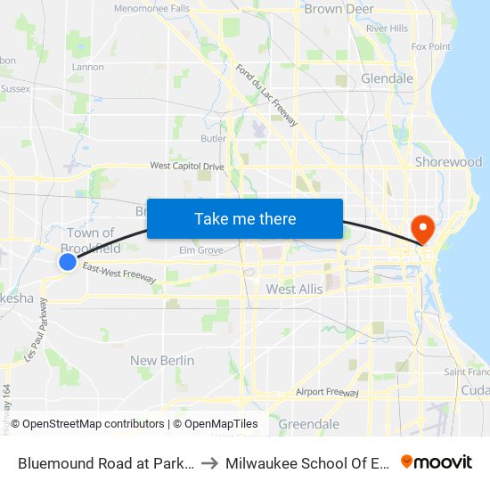 Bluemound Road at Parklawn Drive to Milwaukee School Of Engineering map