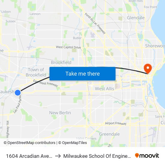 1604 Arcadian Avenue to Milwaukee School Of Engineering map