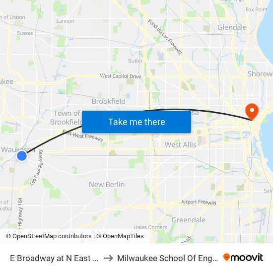 E Broadway at N East Avenue to Milwaukee School Of Engineering map