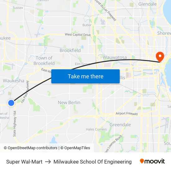Super Wal-Mart to Milwaukee School Of Engineering map