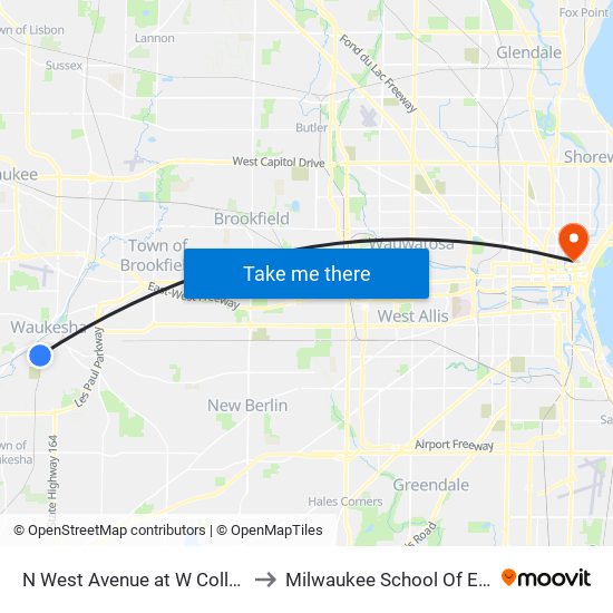 N West Avenue at W College Avenue to Milwaukee School Of Engineering map