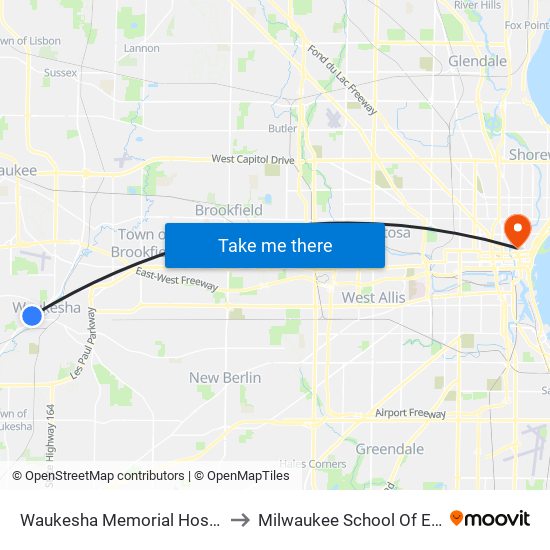 Waukesha Memorial Hospital Main E to Milwaukee School Of Engineering map
