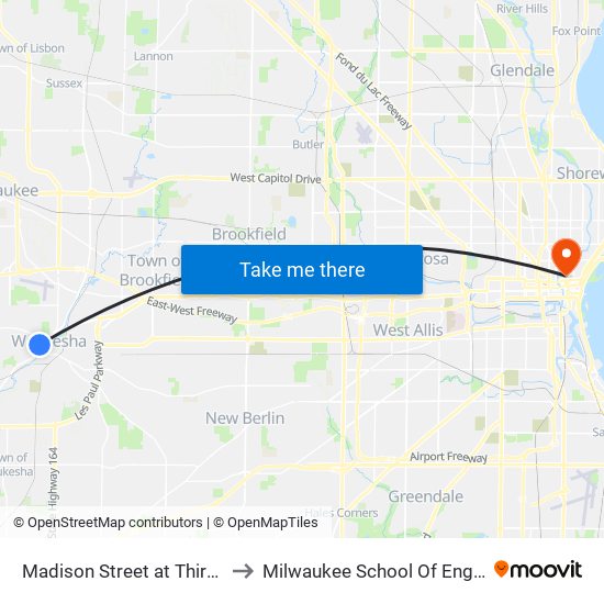 Madison Street at Third Street to Milwaukee School Of Engineering map