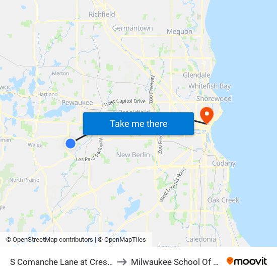 S Comanche Lane at Crestwood Drive to Milwaukee School Of Engineering map