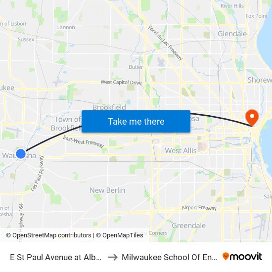 E St Paul Avenue at Albert Street to Milwaukee School Of Engineering map