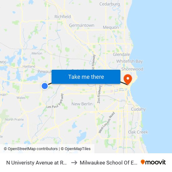 N Univeristy Avenue at Rolling Ridge to Milwaukee School Of Engineering map