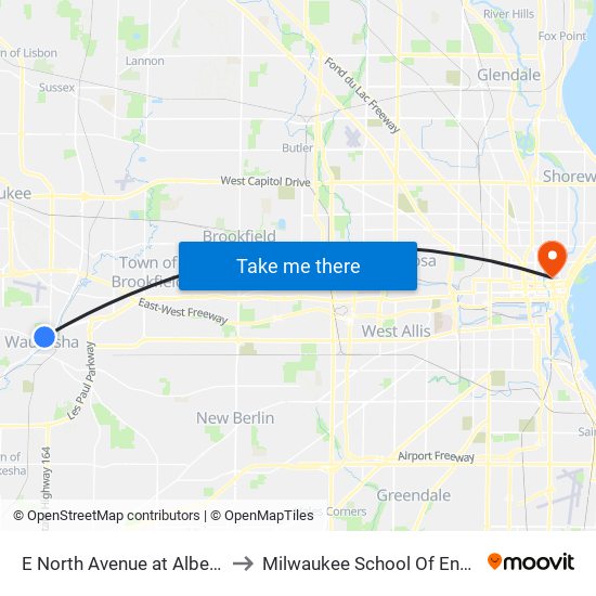 E North Avenue at Albert Street to Milwaukee School Of Engineering map