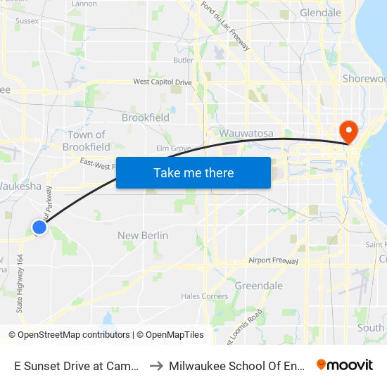 E Sunset Drive at Camden Way to Milwaukee School Of Engineering map