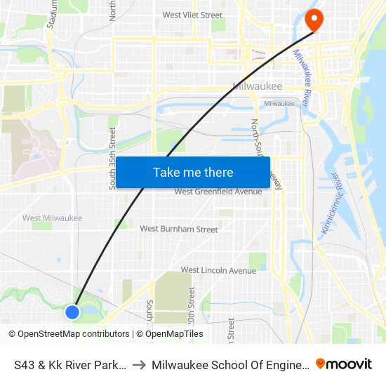 S43 & Kk River Parkway to Milwaukee School Of Engineering map