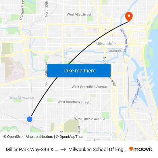 Miller Park Way-S43 & Lincoln to Milwaukee School Of Engineering map