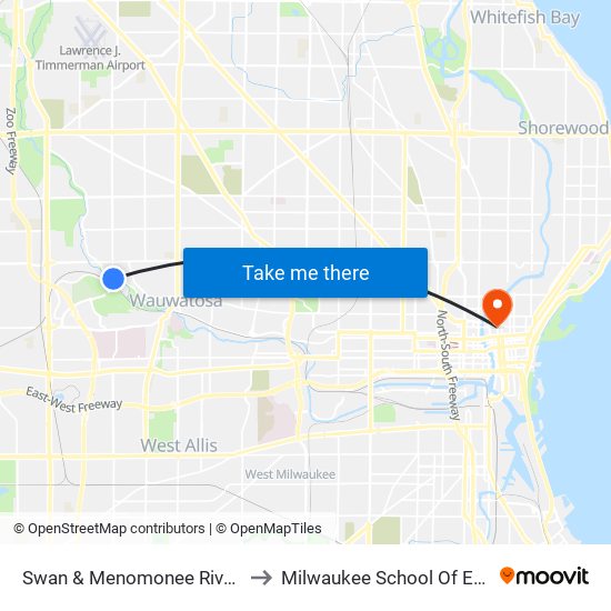 Swan & Menomonee River Parkway to Milwaukee School Of Engineering map