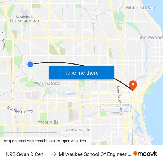 N92-Swan & Center to Milwaukee School Of Engineering map