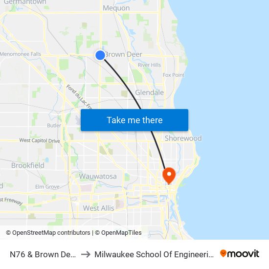 N76 & Brown Deer to Milwaukee School Of Engineering map
