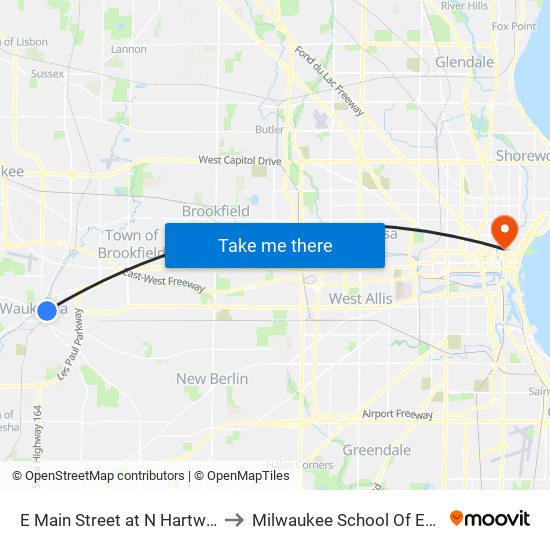 E Main Street at N Hartwell Avenue to Milwaukee School Of Engineering map