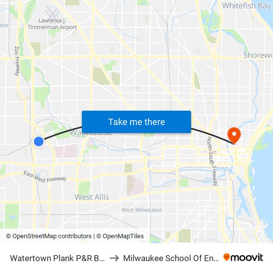Watertown Plank P&R Brt Station to Milwaukee School Of Engineering map