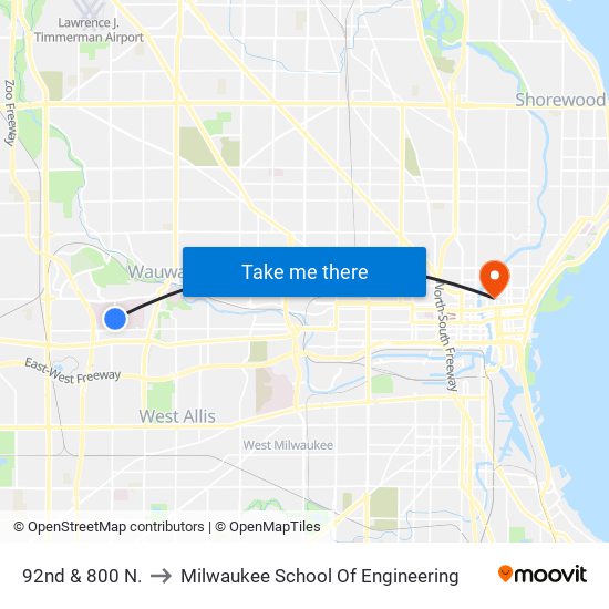 92nd & 800 N. to Milwaukee School Of Engineering map