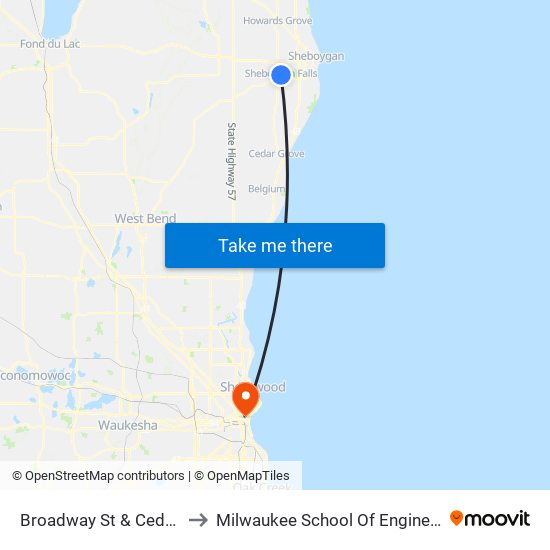 Broadway St & Cedar St to Milwaukee School Of Engineering map