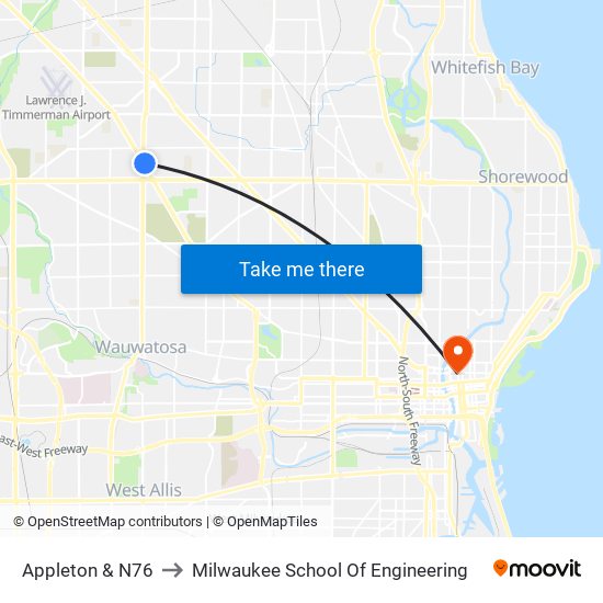 Appleton & N76 to Milwaukee School Of Engineering map