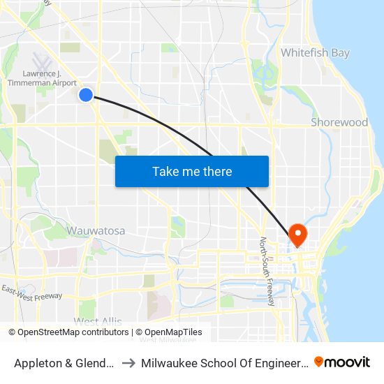 Appleton & Glendale to Milwaukee School Of Engineering map