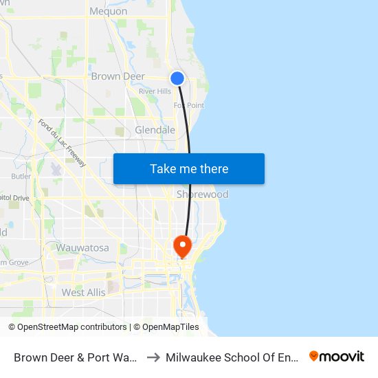 Brown Deer & Port Washington to Milwaukee School Of Engineering map