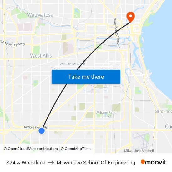 S74 & Woodland to Milwaukee School Of Engineering map