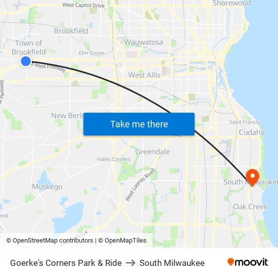 Goerke's Corners Park & Ride to South Milwaukee map