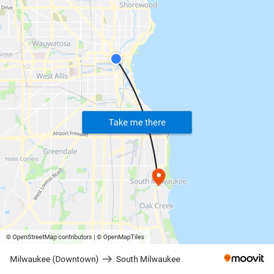 Milwaukee (Downtown) to South Milwaukee map