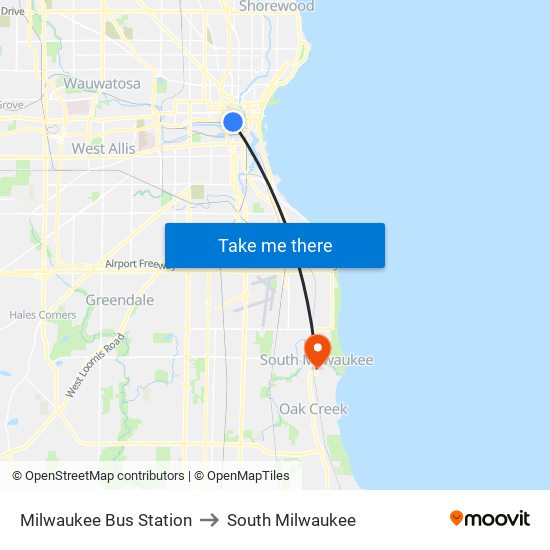 Milwaukee Bus Station to South Milwaukee map