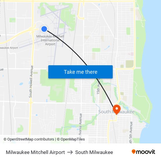 Milwaukee Mitchell Airport to South Milwaukee map