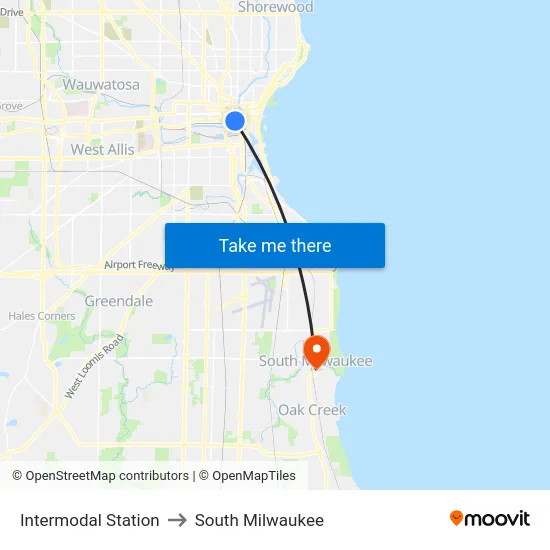 Intermodal Station to South Milwaukee map