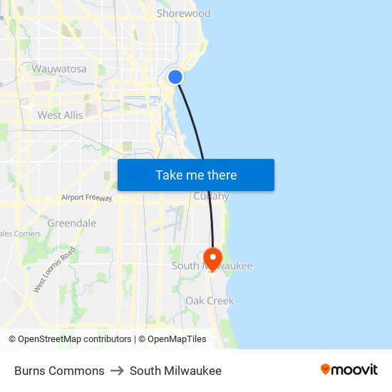 Burns Commons to South Milwaukee map