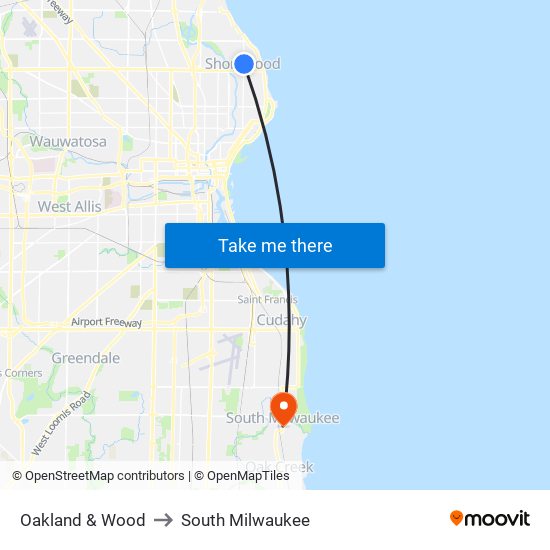 Oakland & Wood to South Milwaukee map