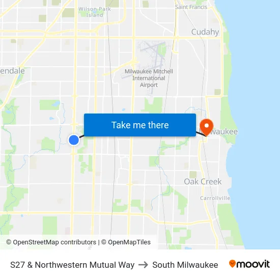 S27 & Northwestern Mutual Way to South Milwaukee map