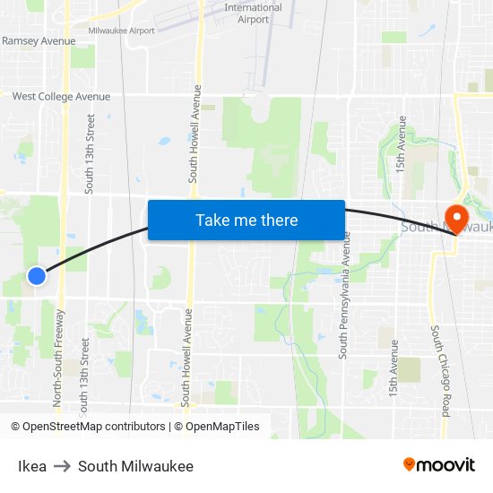 Ikea to South Milwaukee map