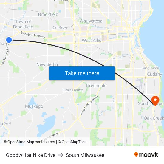 Goodwill at Nike Drive to South Milwaukee map