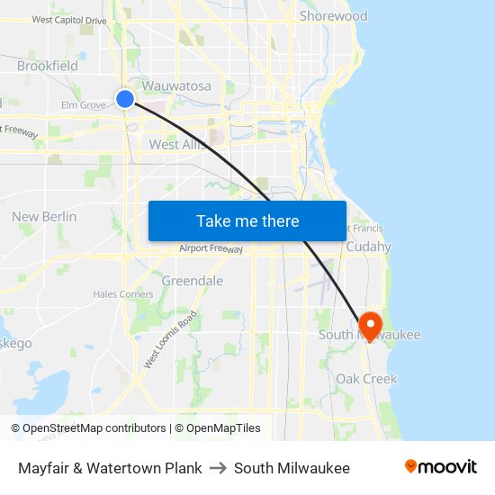 Mayfair & Watertown Plank to South Milwaukee map