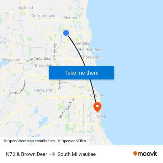 N76 & Brown Deer to South Milwaukee map